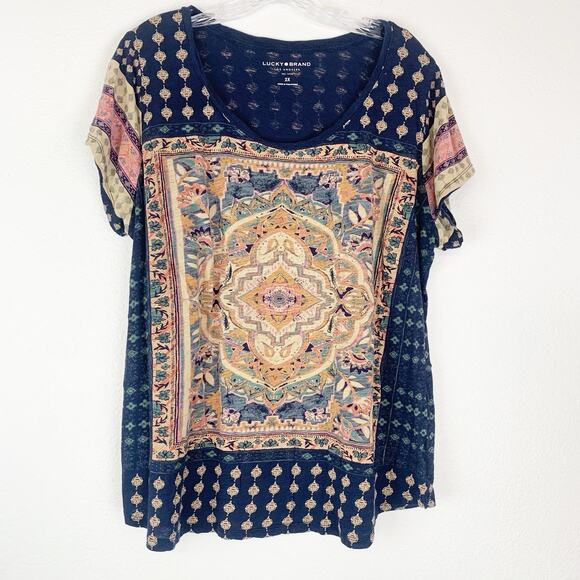 Lucky Brand Tops - Lucky Brand Shirt  2X Persian Ethnic Print Boho Blue Short Sleeves Plus Size